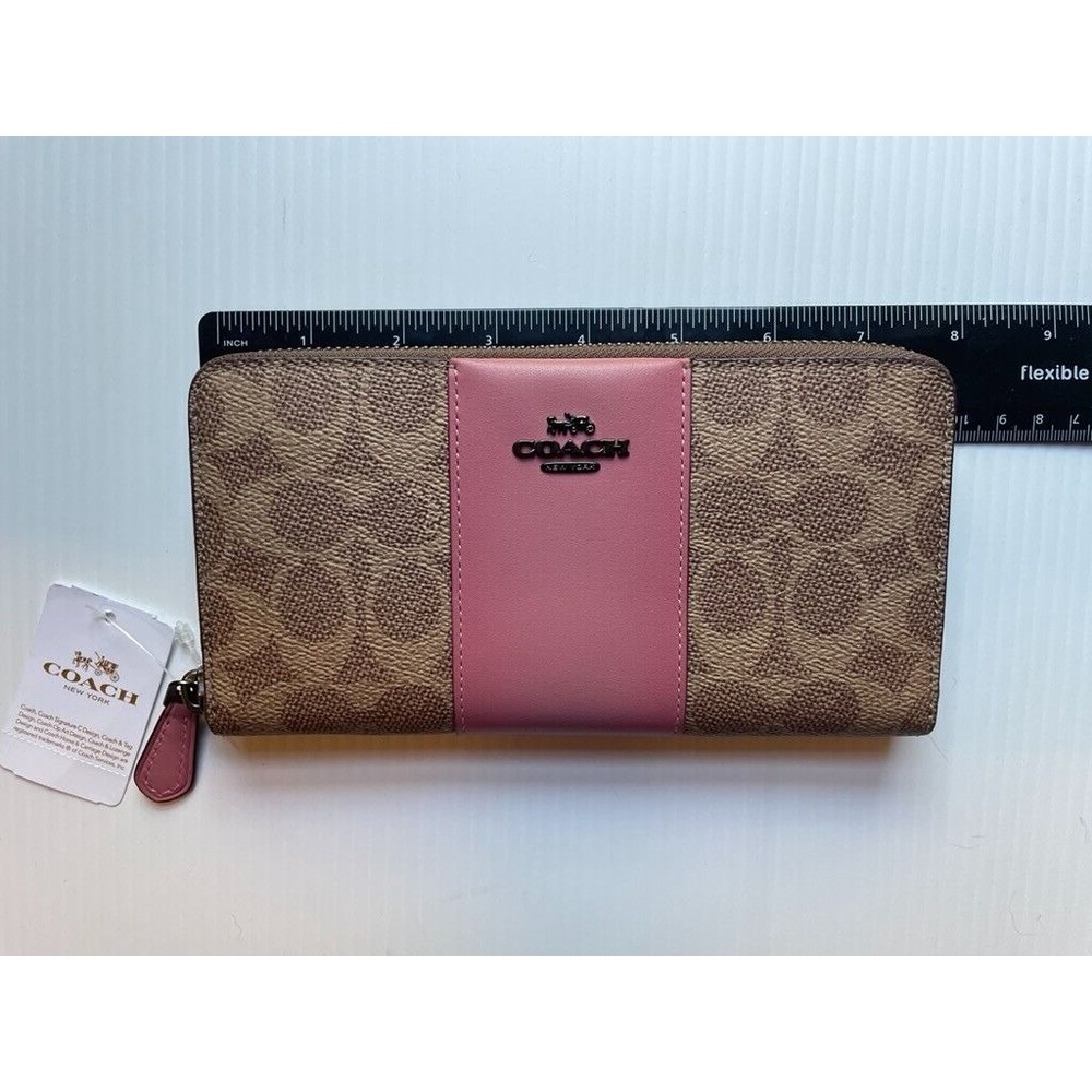 Coach Leather Wallet Monogram Canvas V5 Tan True Pink And Brown NWT $225